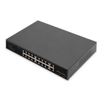 DIGITUS 16-Port Gigabit PoE Netzwerkswitch, 19 Zoll, unmanaged, 2 Uplink Ports, SFP