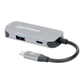 Manhattan USB-C Dock/Hub, Ports (x3):  HDMI, USB-A and USB-C, With Power Delivery (100W) to USB-C Port (Note add USB-C wall charger and USB-C cable needed), All Ports can be used at the same time, Aluminium, Space Grey, Three Year Warranty, Retail Box - D