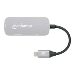 Manhattan USB-C Dock/Hub, Ports (x3):  HDMI, USB-A and USB-C, With Power Delivery (100W) to USB-C Port (Note add USB-C wall charger and USB-C cable needed), All Ports can be used at the same time, Aluminium, Space Grey, Three Year Warranty, Retail Box - D