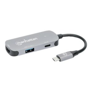 Manhattan USB-C Dock/Hub, Ports (x3):  HDMI, USB-A and USB-C, With Power Delivery (100W) to USB-C Port (Note add USB-C wall charger and USB-C cable needed), All Ports can be used at the same time, Aluminium, Space Grey, Three Year Warranty, Retail Box - D