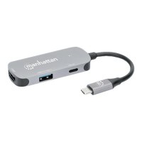 Manhattan USB-C Dock/Hub, Ports (x3):  HDMI, USB-A and USB-C, With Power Delivery (100W) to USB-C Port (Note add USB-C wall charger and USB-C cable needed), All Ports can be used at the same time, Aluminium, Space Grey, Three Year Warranty, Retail Box - D