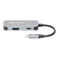 Manhattan USB-C Dock/Hub, Ports (x3):  HDMI, USB-A and USB-C, With Power Delivery (100W) to USB-C Port (Note add USB-C wall charger and USB-C cable needed), All Ports can be used at the same time, Aluminium, Space Grey, Three Year Warranty, Retail Box - D