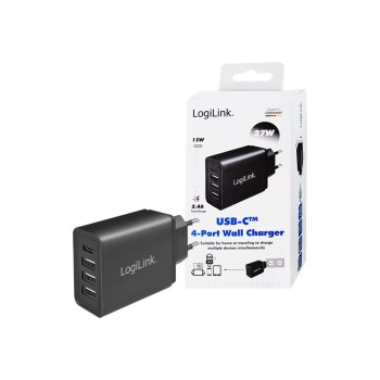 LogiLink Netzteil - 27 Watt - Fast Charge - 4 Ausgabeanschlussstellen (3 x USB Typ A, 24 pin USB-C)