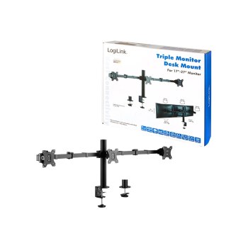 LogiLink Befestigungskit (Stange, Klammer, 2 Gelenkarme, Kabeldurchführungsklemme) - für 3 LCD-Anzeigen - Stahl - Schwarz - Bildschirmgröße: 43.2-68.6 cm (17"-27")