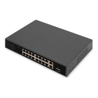 DIGITUS 16-Port Fast Ethernet PoE Netzwerkswitch, 19 Zoll, unmanaged, 2+1 Uplink Ports, RJ45 + SFP, 185 W, af/at