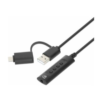 Manhattan USB-C e USB-A a cavo adattatore audio ausiliario stereo da 3,5 mm, 2 in 1, maschio a femmina, cavo da 1 m, supporta il microfono e la funzione audio di una cuffia, standard CTIA, controllo del volume e della disattivazione dellaudio, nero