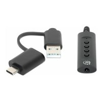 Manhattan USB-C e USB-A a cavo adattatore audio ausiliario stereo da 3,5 mm, 2 in 1, maschio a femmina, cavo da 1 m, supporta il microfono e la funzione audio di una cuffia, standard CTIA, controllo del volume e della disattivazione dellaudio, nero