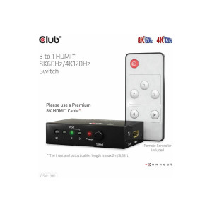 Club 3D CSV-1381 - Commutatore video/audio - 3-a-1, 8K 60 Hz/4K 120 Hz