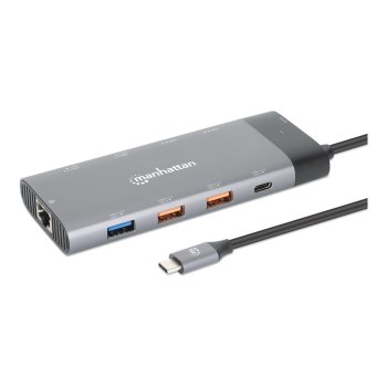 Manhattan USB-C Dock/Hub, Ports (x10): Ethernet, HDMI (x2 8k), USB-A (x5) and USB-C (x2), With Power Delivery (100W) to USB-C Port (Note additional USB-C wall charger and USB-C cable needed), USB 3.2 Gen 2, All Ports can be used at the same time, Aluminiu