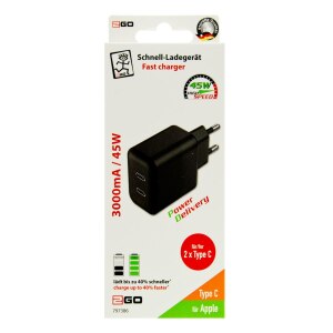 caricabatterie da rete 2GO 100V-240V 2x USB tipo C 3000mA...