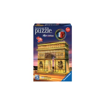 Ravensburger Arc De Triomphe Night Edition 3D Puzzle. Anzahl der Puzzleteile: 216 Stück(e). Genre: Gebäude, Empfohlenes Alter in Jahren (mind.): 8 Jahr(e), Empfohlenes Alter in Jahren (max.): 99 Jahr(e). Breite: 192 mm, Höhe: 68 mm