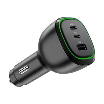 Alogic Rapid Power - Auto-Netzteil - 165 Watt - 5 A - PD, QC - 3 Ausgabeanschlussstellen (USB, 2 x 24-poliger USB-C (PD))