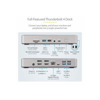 StarTech.com Thunderbolt 4 Multi-Display Docking Station, Quad/Triple/Dual Monitor Dock, 2x HDMI/2x DisplayPort, 7x USB Hub, 2.5 Gigabit Ethernet, 98W Power Delivery, for Windows/MacBook - TB4 Host Cable (132UE-TB4USB4DOCK)