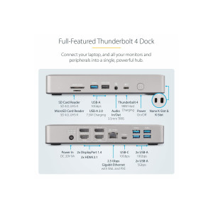 StarTech.com Thunderbolt 4 Multi-Display Docking Station, Dock per monitor quadruplo/triplo/doppio, 2x HDMI/2x DisplayPort, 7x hub USB, 2.5 Gigabit Ethernet, 98W Power Delivery, per Windows/MacBook - Cavo host TB4 (132UE-TB4USB4DOCK)