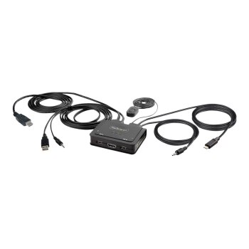 StarTech.com 2-Port Hybrid USB-C HDMI Cable KVM Switch, 4K 60Hz, Compact KVM with 6ft/1.8m USB-A/HDMI/Audio & 4ft/1.2m USB-C Integrated Host Cables, Bus Powered - Remote Push Button/Hotkey Switching (C2-H46-UAC-CBL-KVM)