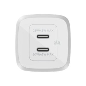 Belkin BoostCharge Pro GaN - Netzteil - PPS- und GaN-Technologie - 45 Watt - Fast Charge, PD 3.0 - 2 Ausgabeanschlussstellen (2 x USB-C)