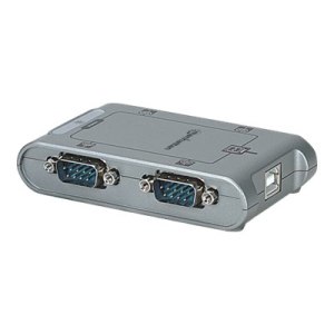 Manhattan USB-A to 4x Serial Port Converter, Male to Male, Serial/RS232, MosChip MCS7840, Automatic IRQ and I/O address selection, Bus powered, Silver, Three Year Warranty, Boxed