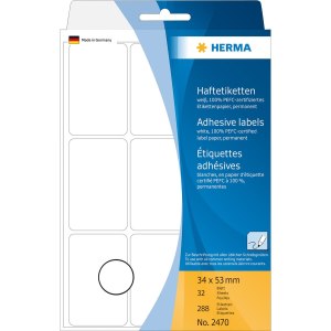 HERMA Multi-purpose labels 34x53 mm white paper matt hand inscription 288 pcs. - White - Rounded rectangle - Cellulose - Paper - Germany - 34 mm - 53 mm