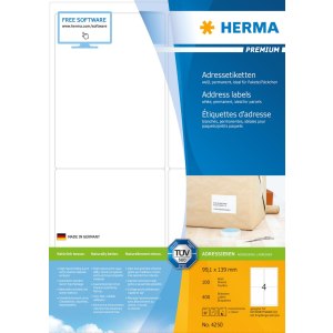 HERMA Premium - Papier - matt - permanent selbstklebend - weiß - 99.1 x 139 mm 400 Etikett(en) (100 Bogen x 4) laminierte Adressetiketten