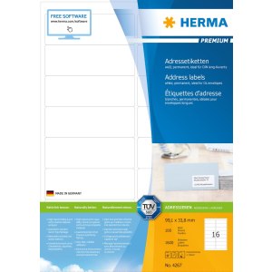 HERMA Premium - Papier - matt - permanent selbstklebend - weiß - 99.1 x 33.8 mm 1600 Etikett(en) (100 Bogen x 16) laminierte Adressetiketten