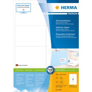 HERMA Premium - Papier - matt - permanent selbstklebend - weiß - 99.1 x 67.7 mm 800 Etikett(en) (100 Bogen x 8) laminierte Adressetiketten