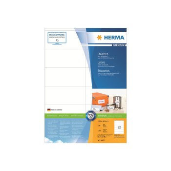 HERMA Premium - Papier - matt - permanent selbstklebend - weiß - 105 x 48 mm 1200 Etikett(en) (100 Bogen x 12) laminierte Etiketten