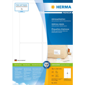 HERMA Premium - Papier - matt - permanent selbstklebend - weiß - 139.7 x 78.7 mm 400 Etikett(en) (100 Bogen x 4) laminierte Adressetiketten