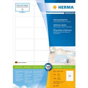 HERMA Premium - Papier - matt - permanent selbstklebend - weiß - 63.5 x 38.1 mm 2100 Etikett(en) (100 Bogen x 21) laminierte Adressetiketten