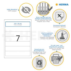 HERMA Special - Papier - matt - permanent selbstklebend - weiß - 192 x 38 mm 70 Etikett(en) (10 Bogen x 7) undurchsichtige Aktenetiketten