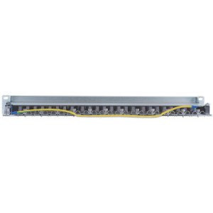 Intellinet 24-Port Cat6 Patchpanel, geschirmt, FTP, 1 HE, Klemmleisten mit 90 Grad abgewinkelten Kabeleinführungen - Patch Panel - CAT 6 - FTP - RJ-45 X 24 - Grau - 1U - 48.3 cm (19")