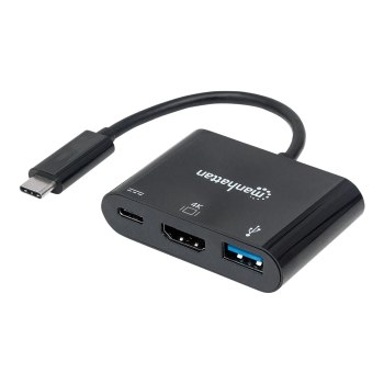 Manhattan USB-C Dock/Hub, Ports (x3): HDMI, USB-A and USB-C, 5 Gbps (USB 3.2 Gen1 aka USB 3.0), With Power Delivery (60W) to USB-C Port (Note additional USB-C wall charger and USB-C cable needed), Equivalent to Startech CDP2HDUACP, Black, 3 Year Warranty,