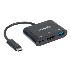 Manhattan USB-C Dock/Hub, Ports (x3): HDMI, USB-A and USB-C, 5 Gbps (USB 3.2 Gen1 aka USB 3.0), With Power Delivery (60W) to USB-C Port (Note additional USB-C wall charger and USB-C cable needed), Equivalent to Startech CDP2HDUACP, Black, 3 Year Warranty,