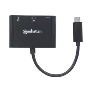 Manhattan USB-C Dock/Hub, Ports (x3): HDMI, USB-A and USB-C, 5 Gbps (USB 3.2 Gen1 aka USB 3.0), With Power Delivery (60W) to USB-C Port (Note additional USB-C wall charger and USB-C cable needed), Equivalent to Startech CDP2HDUACP, Black, 3 Year Warranty,