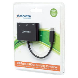 Manhattan USB-C Dock/Hub, Ports (x3): HDMI, USB-A and USB-C, 5 Gbps (USB 3.2 Gen1 aka USB 3.0), With Power Delivery (60W) to USB-C Port (Note additional USB-C wall charger and USB-C cable needed), Equivalent to Startech CDP2HDUACP, Black, 3 Year Warranty,