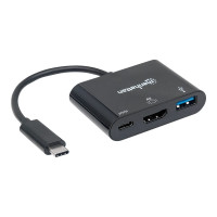 Manhattan USB-C Dock/Hub, Ports (x3): HDMI, USB-A and USB-C, 5 Gbps (USB 3.2 Gen1 aka USB 3.0), With Power Delivery (60W) to USB-C Port (Note additional USB-C wall charger and USB-C cable needed), Equivalent to Startech CDP2HDUACP, Black, 3 Year Warranty,