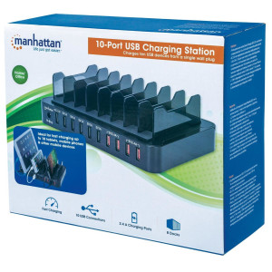 Manhattan Charging Station, 10x USB-A Ports, Outputs: 1x 2.4A (QC 2.0), 4x 2.4A & 5x 1A, Black, Three Year Warranty, Box