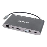 Manhattan USB-C Dock/Hub with Card Reader, Ports (x8): USB-C to HDMI, Audio 3.5mm, Ethernet, Mini DisplayPort, USB-A (x3) and USB-C, With Power Delivery (60W) to USB-C Port (Note add USB-C wall charger and USB-C cable needed), All Ports can be used at the