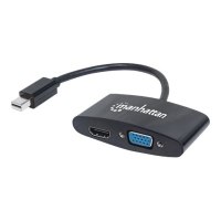 Manhattan Mini DisplayPort 1.2 to HDMI or VGA Adapter Cable (2-in-1), 25cm, Black, Passive, Male to Female, HDMI 4K@30Hz, VGA@60Hz, Note: Only One Port can be used at a time, Lifetime Warranty, Blister