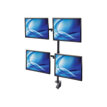 Manhattan TV & Monitor Mount, Desk, Double-Link Arms, 4 screens, Screen Sizes: 10-27", Black, Stand or Clamp Assembly, Quad Screens, VESA 75x75 to 100x100mm, Max 8kg (each), Lifetime Warranty