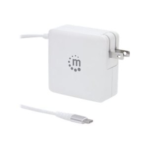 Manhattan Wall/Power Mobile Device Charger (Euro 2-pin), USB-C and USB-A ports, USB-C Output: 60W / 3A, USB-A Output: 2.4A, USB-C 1m Cable Built In, White, Phone Charger, Three Year Warranty, Box