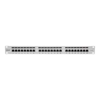 Intellinet 24-Port Cat6a Patchpanel, geschirmt, 24 Ports, FTP, 1 HE, Klemmleisten mit 90 Grad abgewinkelten Kabeleinführungen, grau - Patch Panel - CAT 6a - FTP - RJ-45 X 24 - Grau - 1U - 48.3 cm (19")