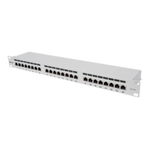 Intellinet 24-Port Cat6a Patchpanel, geschirmt, 24 Ports, FTP, 1 HE, Klemmleisten mit 90 Grad abgewinkelten Kabeleinführungen, grau - Patch Panel - CAT 6a - FTP - RJ-45 X 24 - Grau - 1U - 48.3 cm (19")