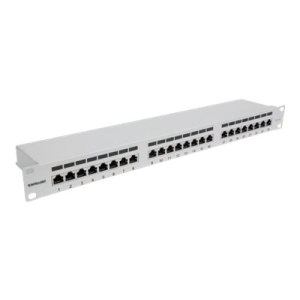 Intellinet 24-Port Cat6a Patchpanel, geschirmt, 24 Ports, FTP, 1 HE, Klemmleisten mit 90 Grad abgewinkelten Kabeleinführungen, grau - Patch Panel - CAT 6a - FTP - RJ-45 X 24 - Grau - 1U - 48.3 cm (19")