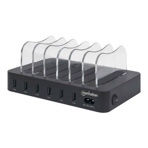 Manhattan Charging Station, 6x USB-A Ports, Outputs: 6x 2.4A, Smart IC, LED Indicator Lights, Black, Three Year Warranty, Box