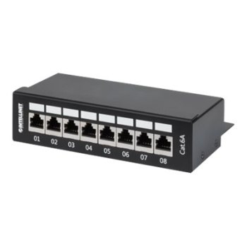 Intellinet Patch Panel, Cat6a, FTP, 8-Port, Desktop, Shielded, 90° Top-Entry Punch Down Blocks, Black