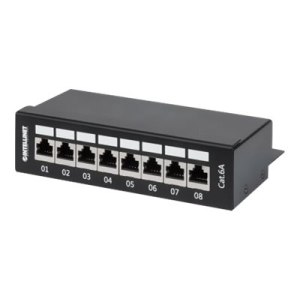 Intellinet Patch Panel, Cat6a, FTP, 8-Port, Desktop, Shielded, 90° Top-Entry Punch Down Blocks, Black