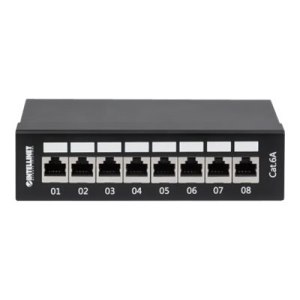 Intellinet Patch Panel, Cat6a, FTP, 8-Port, Desktop, Shielded, 90° Top-Entry Punch Down Blocks, Black