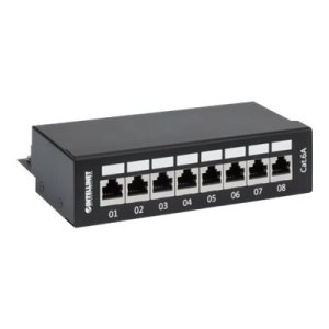 Intellinet Patch Panel, Cat6a, FTP, 8-Port, Desktop, Shielded, 90° Top-Entry Punch Down Blocks, Black