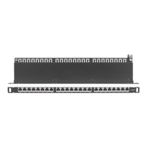 Intellinet Patch Panel, Cat6a, FTP, 24-Port, 19", 0.5U, Shielded, 90° Top-Entry Punch Down Blocks, Black - Patch Panel - Rack montierbar - CAT 6a - FTP - RJ-45 X 24 - Schwarz - 0.5U - 48.3 cm (19")