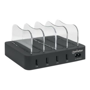 Manhattan Charging Station, 4x USB-A Ports, Outputs: 4x 2.4A, Smart IC, LED Indicator Lights, Black, Three Year Warranty, Box